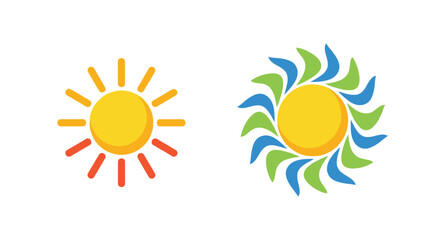 Two stylized sun icons one yellow and one with blue and green rays