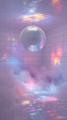 A dazzling disco ball suspended in a foggy room, casting colorful reflections on white tiles, enhancing the lively ambiance perfect for events and gatherings