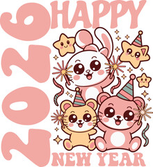 A modern 2026 New Year t-shirt design collection featuring bold typography, festive graphics, and a clean vector style