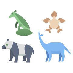 Stylized flat vector illustration of diverse animals including a panda and dinosaurs on black