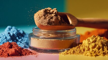 Vibrant spices displayed in various colors, with a wooden spoon lifting brown powder from a glass jar, creating an inviting atmosphere for culinary exploration