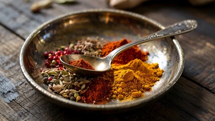 Vibrant colorful collection of ground and whole spices in antique metal bowl