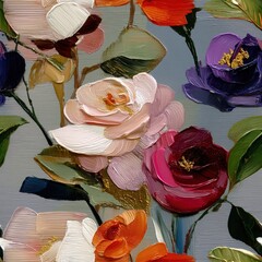 Seamless pattern of painted flowers with bright colors and thick strokes creating vibrant floral pattern in artistic nature scene