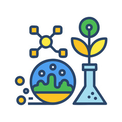 Scientific research with plant in lab flask and molecule representation art