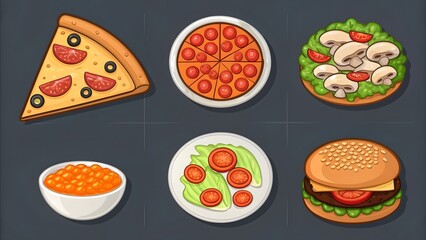 Vegetable and cheese pizza set illustration