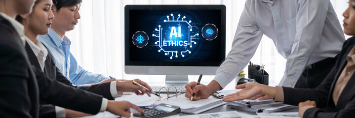 AI ethics responsibility standard law and rules on computer screen provide report of AI ethic transparency preventing technology crime. brisk