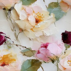 Seamless pattern of painted flowers with soft colors and thick strokes creating delicate floral pattern in bright artistic nature scene