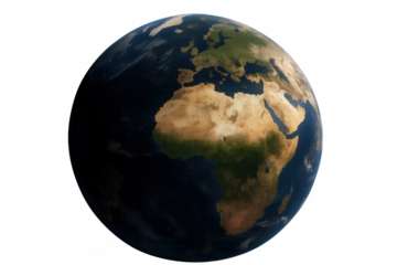 Planet earth rotating, showing europe, africa, and part of asia, symbolizing globalization and environmental concerns with transparent background