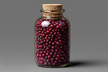 Glass jar contains an assortment of bright red berries, topped with a cork stopper, highlighting the natural beauty of preserved fruits in a simple, elegant display