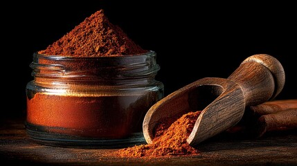 Glass jar containing rich red spice powder, with a wooden scoop beside it, creating a dramatic contrast against a dark background, emphasizing culinary artistry