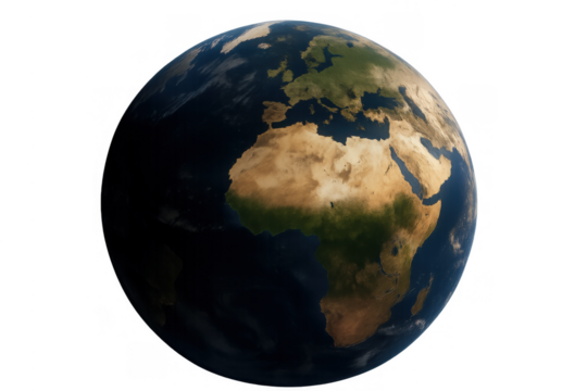 Planet earth rotating, showing europe, africa, and part of asia, symbolizing globalization and environmental concerns with transparent background