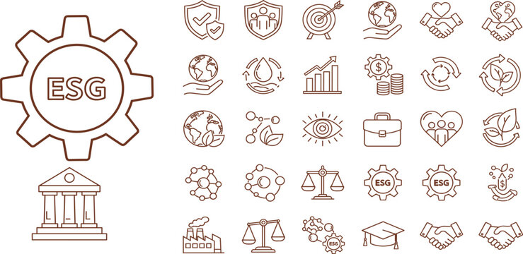 Set of thin line icons for Environmental, Social, and Governance concepts, illustrating sustainable and ethical business practices