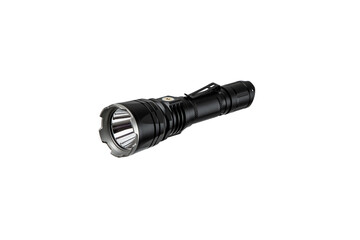 A black metal tactical LED flashlight, viewed at an angle, on a clean white back