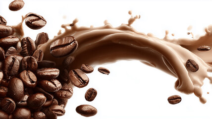 A flowing wave of creamy coffee surrounding scattered beans representing flavor intensity indulgence and aromatic beverage culture.
