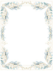 Watercolor Winter holiday frame, blue fir branches, eucalyptus, beige, blue, ornament