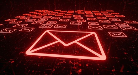 Grid of glowing red email envelope icons, symbolizing spam, virus, phishing, or a critical digital communication threat