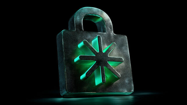 A stylized metallic padlock with a glowing asterisk symbol represents identity security, password protection and access control through digital encryption.
