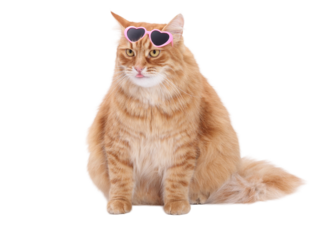 Ginger fluffy cat wearing pink heart-shaped sunglasses on a clean white background, high-key studio portrait with copy space, stylish and humorous image ideal for Valentine’s designs and modern advert