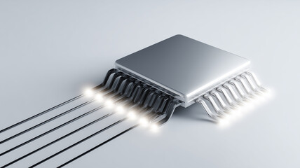 Minimal metallic processor icon with radiant data lines suggesting seamless information flow, high speed connectivity and the invisible infrastructure of global digital networks.
