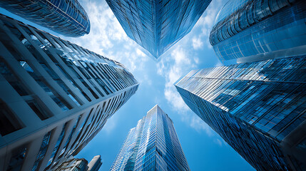 Towering glass skyscrapers reaching towards the sky architecture blue