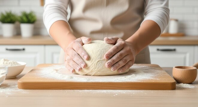 Dough Kneading in Kitchen: Hands carefully kneading dough on a wooden cutting board, a testament to culinary creation, where flour dusts the surface and the warmth of the kitchen pervades.