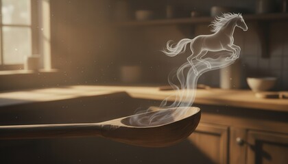 Wooden spoon with magical horse smoke in kitchen, creative food concept with copy space

