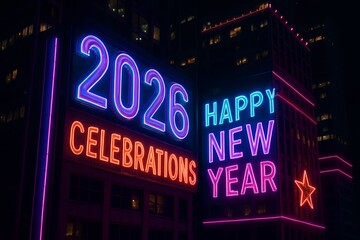 Neon 2026 Celebrations And Happy New Year Signs Illuminate Night City