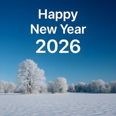 Happy New Year 2026 Snowy Landscape With Frosty Trees Under Blue Sky