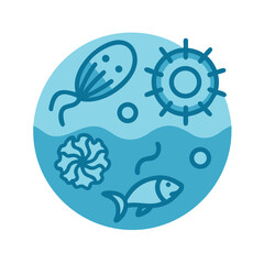 Stylized aquatic ecosystem showcasing bacteria, algae, and fish in a circle