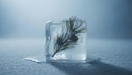 Ice cube with a sprig of evergreen inside on a frosty surface
