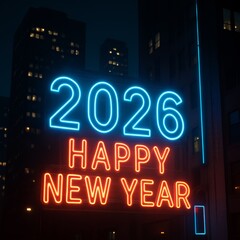 Neon 2026 Happy New Year Sign Shines Over City Night Skyline Celebrating New Year