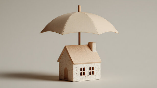 A wooden house model protected under an umbrella symbolizes home insurance, risk coverage and family safety through financial protection.