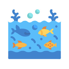 Colorful illustration of an aquarium with fish, seaweed, and bubbles in flat style