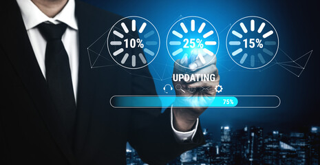 A concept of a system update and software installation. A progress bar and loading icons showing the update percentage and status. Motif