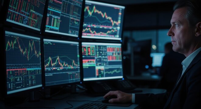 Market Analysis in Action: A focused professional intently monitors the fluctuating trends on a cluster of computer screens, navigating the complex world of market data and financial analysis.