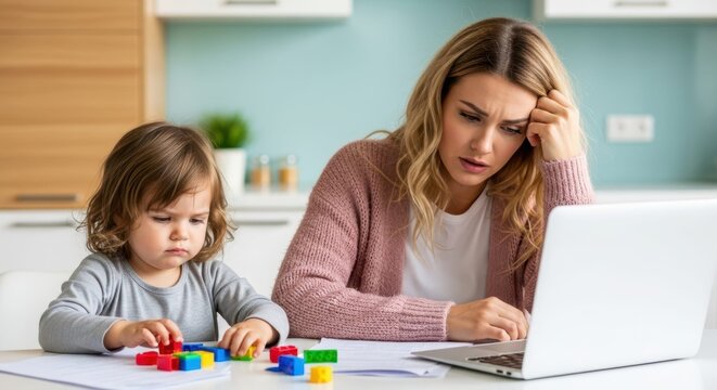 The Juggling Act: A mother grapples with the demands of work and childcare, capturing the challenges of modern life.  - Powered by Adobe