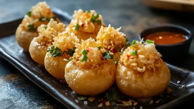 Indian street food pani puri in bowl