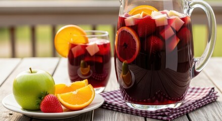 Refreshing Sangria: A vibrant array of ingredients and presentation, showcasing a refreshing sangria, a medley of chilled wine, fresh fruit and ice in an inviting scene.