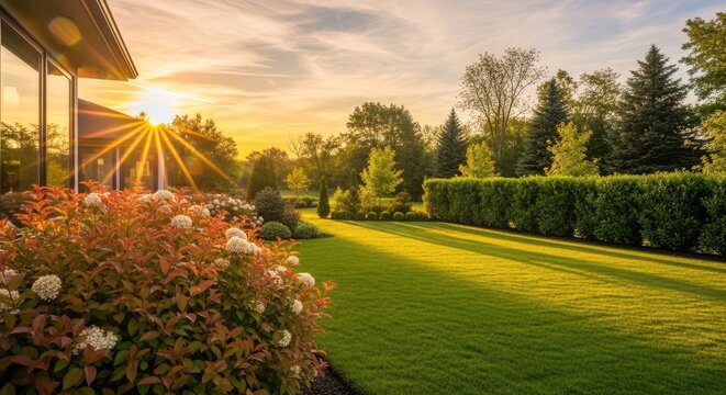 Golden Hour: A serene residential garden basks in the warmth of the setting sun, where the lush green lawn and vibrant shrubbery.