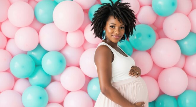 Expecting Mother: A radiant woman, embracing her pregnancy, stands gracefully before a backdrop of pastel balloons, celebrating the joy of motherhood.
