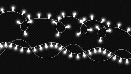Bright glowing white string lights, perfect for festive holiday decorations, celebrations, party backdrops, or adding a joyful atmosphere to any design.