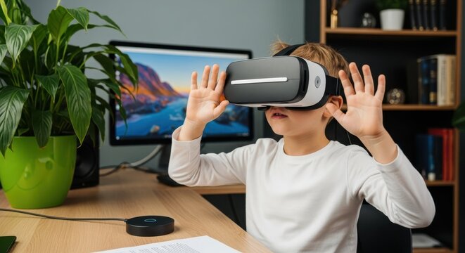 Child exploring Virtual Reality: Capturing the wonder of childhood as a young boy dives into a virtual reality experience with a VR headset.
