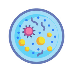 A petri dish illustration showing bacterial and viral growth in a blue liquid medium