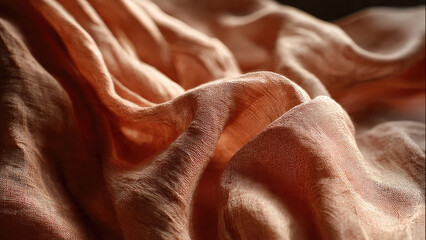 Close-up of a soft, naturally textured fabric in warm peach tones, draped elegantly with intricate folds and shadows. Evokes comfort and earthy organic beauty.
