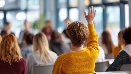 Rear view of a person in a yellow sweater raising their hand, actively participating in a lecture, class, or conference.