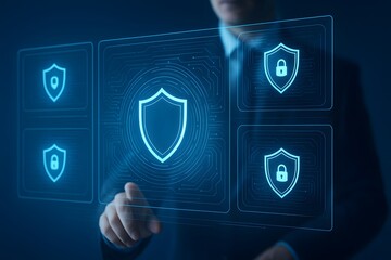 Businessman interacting with futuristic digital security interface