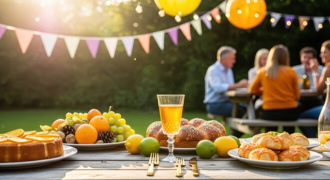 Golden Hour Gathering: A vibrant outdoor party scene, the sun casts a warm glow upon a beautifully arranged table laden with food and drink. Friends and family gather in the background.