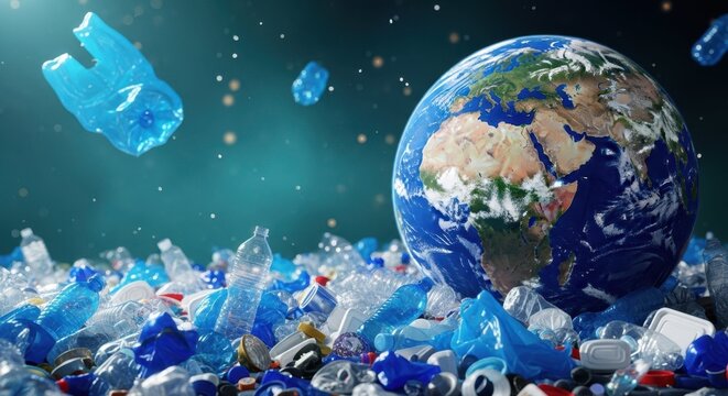 Planet's Plastic Predicament: Illustrates a critical environmental issue, showcasing a globe overwhelmed by a torrent of plastic waste, evoking a sense of urgency. - Powered by Adobe