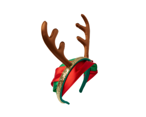 Festive reindeer antler headband for Christmas celebrations. This fun holiday accessory features plush brown antlers, vibrant red and green ribbons, and sparkling gold glitter, perfect for seasonal