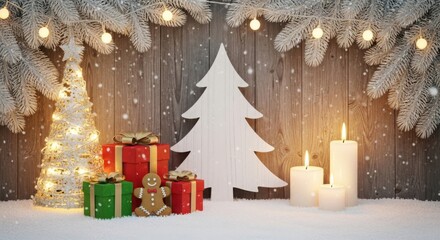 Cozy christmas scene with gifts, candles, gingerbread and snow